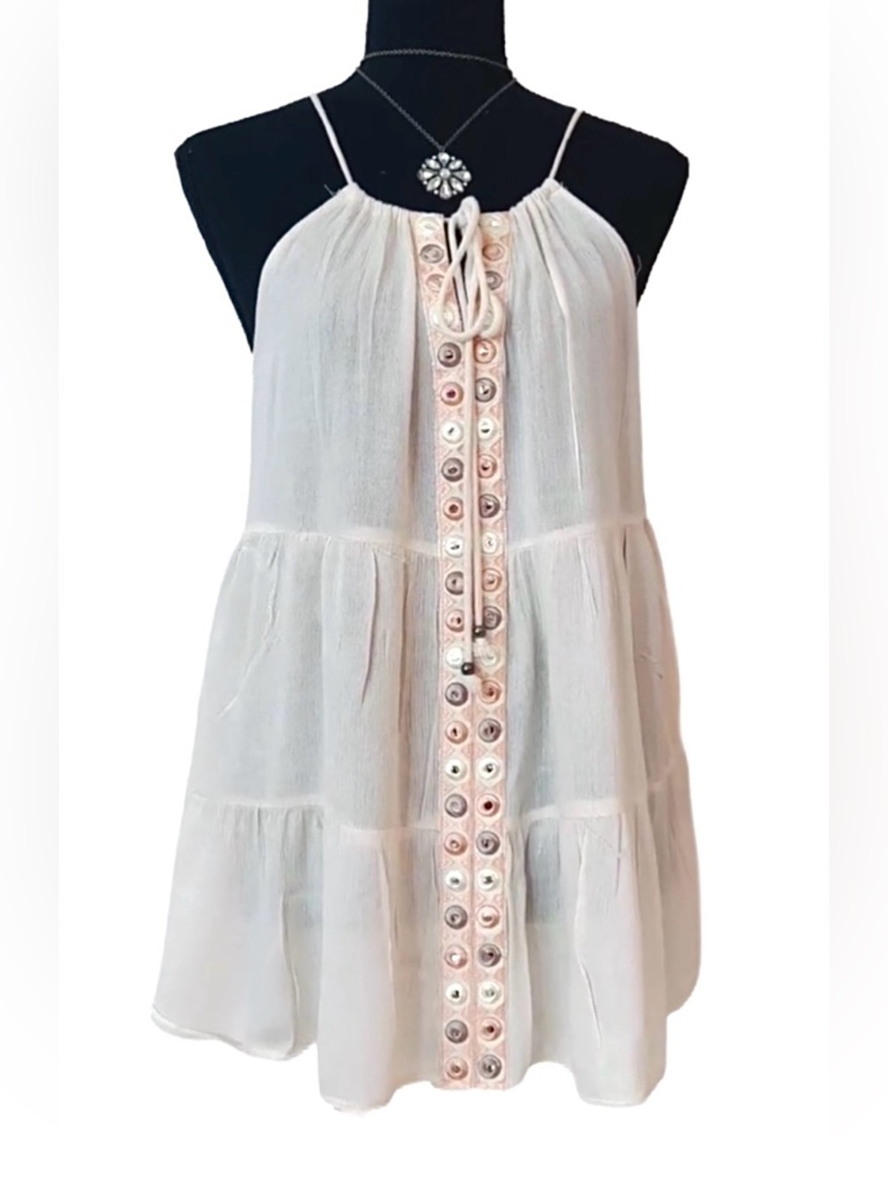 POL ~ Cream Loose Fit Flowy Top w/Striking Peach Embroidery and Textured Details